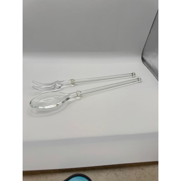 Vintage Glass Salad Server Set, fork and spoon - Picture 3 of 4